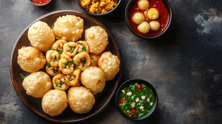 Overhead view of a serving of pani puri with various fillings, set against a clean backdrop, highlighting the texturesの素材