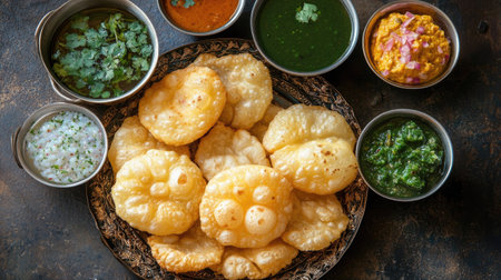 Top view of crispy pani puris served on a decorative platter, surrounded by bowls of spicy water and chutney,の素材