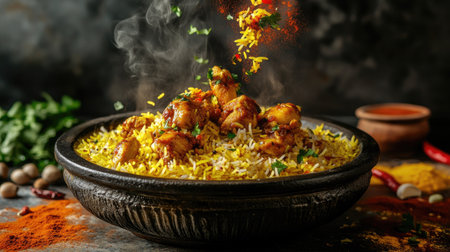 Spicy Hyderabadi chicken biryani with vibrant saffron rice flying in mid-air, chicken pieces, fragrant rice, spices,の素材