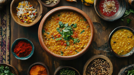 Top view of a colorful spread featuring dal served in a traditional clay bowl, surrounded by side dishes and spices, creating a rich and inviting presentation.の素材