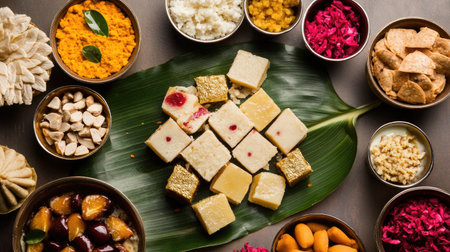 Top view of a traditional serving of kaju katli, placed on a banana leaf, accompanied by small bowls of assorted sweetsの素材