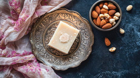 Top view of a single piece of kaju katli on a decorative plate, accompanied by a small bowl of mixed nutsの素材