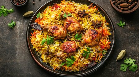 Top view of a spicy chicken biryani platter with colorful saffron rice, chicken pieces, and aromatic spices like cinnamon, cardamom,の素材