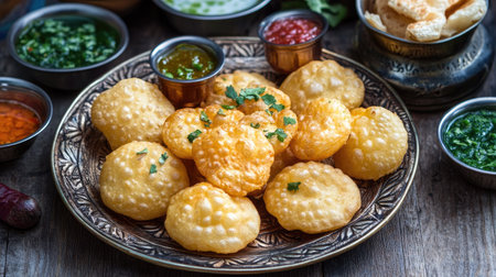 Top view of crispy pani puris served on a decorative platter, surrounded by bowls of spicy water and chutney,の素材