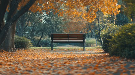 A picturesque autumn scene featuring a solitary park bench surrounded by vibrant, falling leaves, creating a peaceful atmosphere for relaxation and reflection.の素材