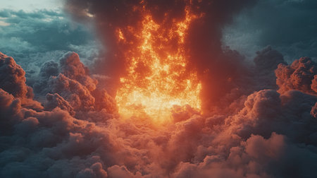 This stunning image depicts a fiery eruption surrounded by dramatic clouds, showcasing the powerful interplay of light and color in nature's most intense moments.の素材