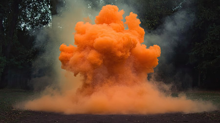 An eye-catching orange smoke explosion creates a dramatic scene in a forest, blending vibrant color with natural surroundings for a striking visual effect.の素材