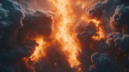 A captivating display of fiery orange flames bursting through dark, billowing smoke clouds, creating a striking and dramatic atmosphere perfect for various artistic concepts.の素材