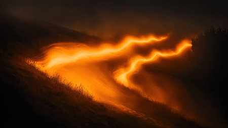 A mesmerizing glowing pathway winds through a mystical landscape at night. The vibrant orange glow contrasts with the surrounding darkness, creating an enchanting scene.の素材