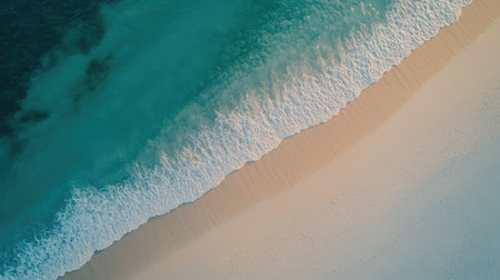 Aerial view of gentle ocean waves lapping on a sandy beach, creating a serene atmosphere. Perfect for relaxation, travel themes, and nature projects.の素材