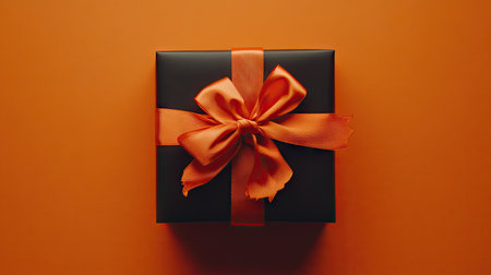 A stylish black gift box adorned with a vibrant orange ribbon sits on a matching orange background, perfect for celebrations and special occasions.の素材