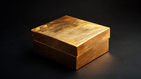 A luxurious golden box rests on a dark surface, showcasing its elegant shine and smooth texture. Ideal for gift packaging and decorative purposes.の素材