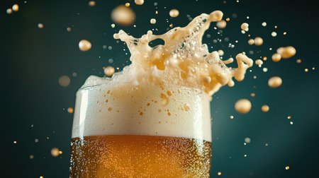 A captivating close-up of a beer glass featuring a dynamic splash of foam and bubbles, perfect for showcasing refreshment and celebration themes.の素材