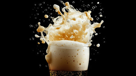 A dynamic splash of beer bursts from a glass, creating a captivating scene filled with foam and bubbles. Perfect for celebrating refreshment and enjoyment.の素材