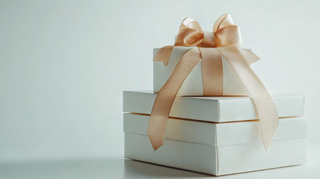 An elegant stack of gift boxes adorned with a soft ribbon on a light background. Perfect for showcasing festive celebrations, holidays, and special occasions.の素材