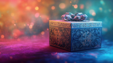 An ornate decorative box rests against a vibrant, colorful background. The intricate design and rich textures evoke feelings of elegance and charm, perfect for various creative projects.の素材