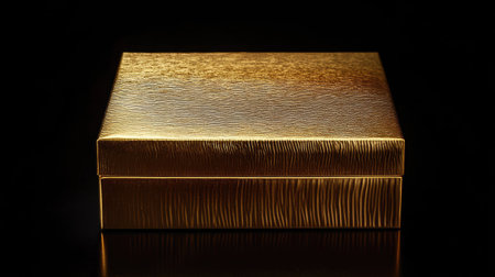 A beautifully crafted gold box with an intricate texture against a black backdrop, perfect for luxury gift packaging or decorative display in any setting.の素材