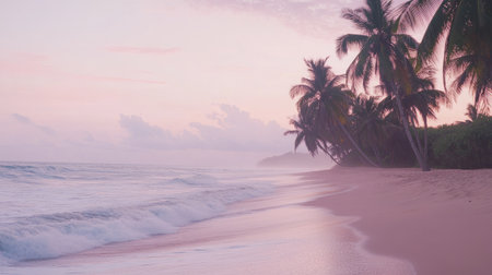 A tranquil beach scene featuring swaying palm trees and gentle waves at sunset, creating a perfect atmosphere for relaxation and peace.の素材