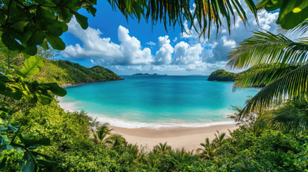 A stunning tropical beach scene featuring clear turquoise water, soft white sand, and lush green foliage framed by vibrant clouds and a picturesque sky.の素材