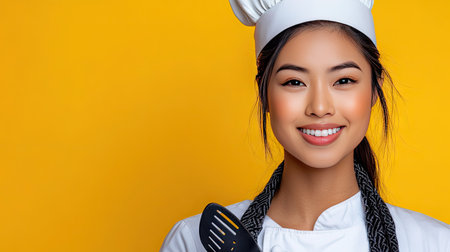 A cheerful young chef smiles while holding a spatula against a vibrant yellow background, showcasing her passion for cooking and culinary arts.の素材