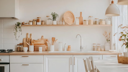 A bright, minimalist kitchen featuring wooden shelves adorned with jars, utensils, and plants, creating an inviting atmosphere for cooking and gatherings.の素材