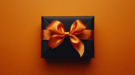A stylish black gift box adorned with a vibrant orange ribbon. Perfect for celebrations like birthdays, anniversaries, or special occasions, this image captures elegance and joy.の素材