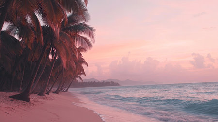 A tranquil sunset scene over a pristine tropical beach lined with palm trees. Soft waves lap along the sandy shore, creating a serene atmosphere.の素材