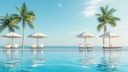 Experience a serene poolside retreat featuring palm trees and umbrellas. Relax in the tranquil waters under a clear blue sky in this idyllic setting.の素材