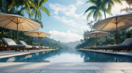 A serene tropical paradise featuring a swimming pool, sun loungers, and umbrellas surrounded by lush vegetation, ideal for relaxation and rejuvenation.の素材
