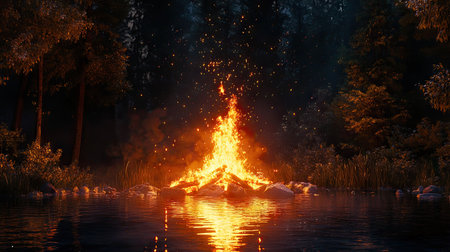 A serene campfire illuminates the dark waters at night, surrounded by a lush forest. The flames dance and reflect on the tranquil surface, creating a peaceful and inviting ambiance.の素材