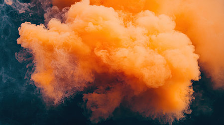 A vibrant orange smoke cloud billows against a dark background, creating a dramatic and artistic visual effect. Ideal for creative projects and backgrounds.の素材