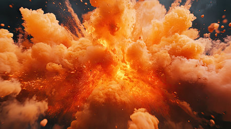 A captivating image of an explosive orange cloud burst, showcasing vibrant smoke and particles. The dramatic scene exudes energy and intensity, perfect for various creative projects.の素材
