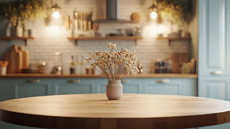 A serene kitchen scene featuring a simple flower arrangement in a vase on a wooden table, highlighting the warmth and elegance of a modern home.の素材