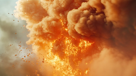A striking depiction of a powerful explosion showcasing vivid flames and smoke clouds, creating a dramatic atmosphere filled with energy and chaos.の素材