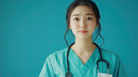 A young female doctor wearing scrubs and a stethoscope stands confidently in front of a blue background, symbolizing professionalism in healthcare.の素材