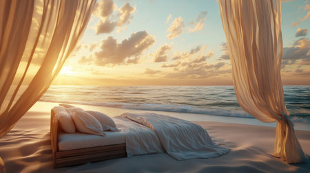 A tranquil beach scene featuring a cozy bed draped in soft fabric, set against a stunning sunset over gentle ocean waves, perfect for relaxation.の素材