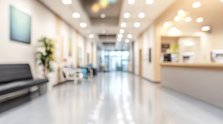 This image captures a modern healthcare facility interior with soft lighting and a blurred effect, showcasing a calm and inviting atmosphere for patients.の素材