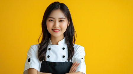 A cheerful young chef wearing a white uniform smiles confidently against a vibrant yellow background, embodying professionalism and passion for cooking.の素材