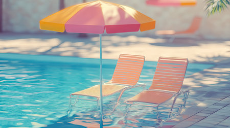 A vibrant poolside scene featuring two lounge chairs under a colorful umbrella, perfect for relaxation and enjoyment on a sunny day. Ideal for summer themes.の素材