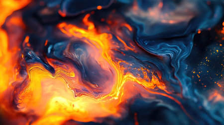 This breathtaking image showcases vibrant abstract swirls with glowing orange and blue hues, embodying a dynamic blend of color and form.の素材