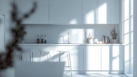 Bright and airy modern kitchen featuring minimalist design elements. Natural light filters through, creating a serene and inviting atmosphere perfect for culinary creativity.の素材