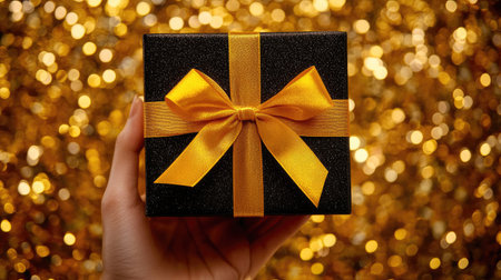 A hand holds an elegant black gift box adorned with a yellow ribbon, set against a dreamy, sparkling background, perfect for celebrating special occasions.の素材