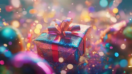 A vibrant gift box with a shiny ribbon sits amidst colorful bokeh lights, capturing the enchanting spirit of celebrations and joyous occasions.の素材