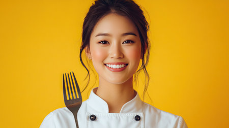 A smiling chef holding a fork in a professional kitchen setting. The bright yellow background enhances the cheerful atmosphere of culinary passion and creativity.の素材
