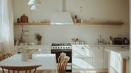 A modern minimalist kitchen bathed in natural light, featuring simple decor, a cozy dining area, and stylish appliances. Perfect for creating a warm atmosphere.の素材