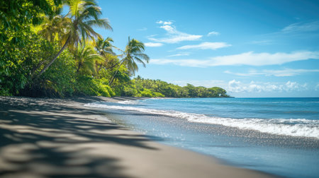 Discover a serene tropical beach scene featuring lush palm trees, clear blue water, and soft sandy shores, perfect for relaxation and vacation escapes.の素材