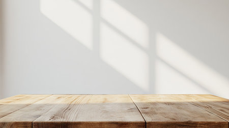 A serene wooden table with soft shadows and gentle light, evoking a minimalistic vibe perfect for creative projects, interiors, or calming atmospheres.の素材