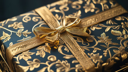 This elegant gift box features a luxurious golden floral design with a stunning ribbon bow. Perfect for celebrations, it adds a touch of sophistication and charm.の素材
