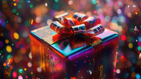 A beautiful gift box adorned with a shiny bow, set against a vibrant, festive background of colorful lights and confetti. Perfect for celebrations.の素材