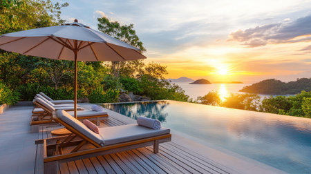 Enjoy a tranquil sunset view from a luxurious poolside retreat. The serene atmosphere surrounded by nature provides the perfect escape for relaxation and leisure.の素材